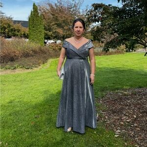 Xscape Elegant Silver Off-Shoulder Maxi Dress size 14